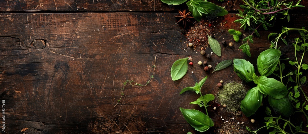 Aufkleber assorted fresh herbs and spices for cooking presented on a dark rustic wooden backdrop with copy spa