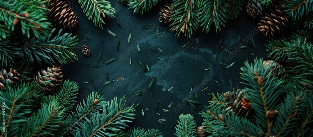 Poster Overhead shot of vibrant backdrop using green fir branches Featuring New Year s theme with copy space image