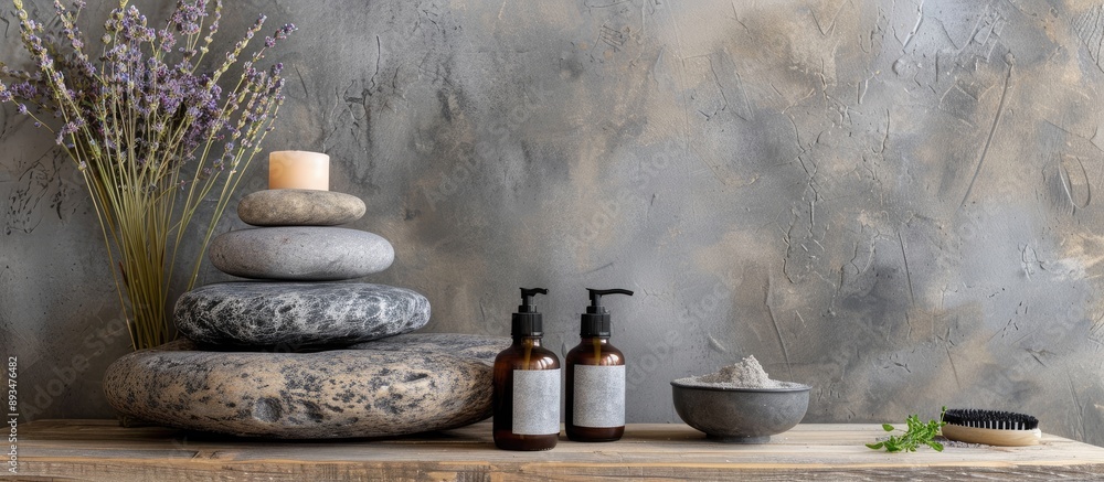 Poster A podium constructed from rocks set up for showcasing spa items with copy space image available