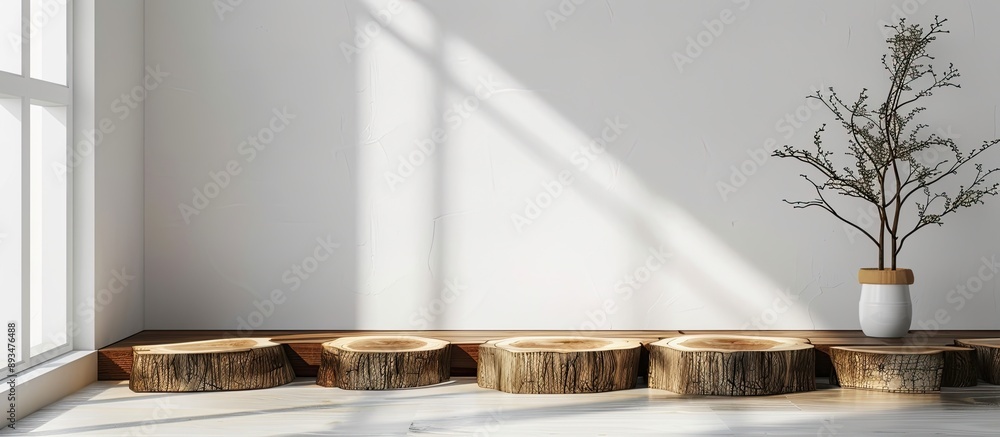 Poster Empty copy space image on a white wall background with wood on the table suitable for product display or montage