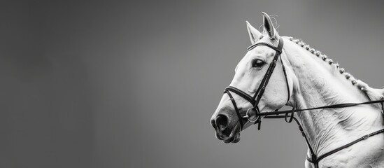 Black and white banner featuring a stunning white horse portrait in an Equestrian show jumping competition with space for your text. copy space available