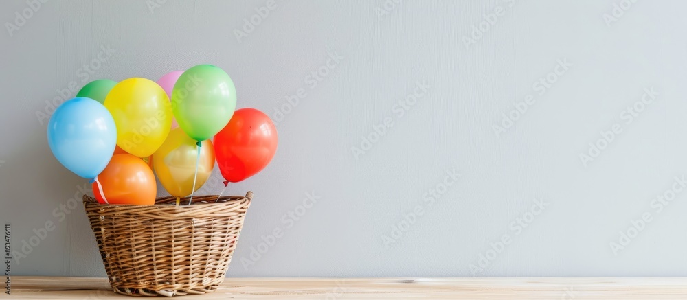 Poster A wicker basket filled with colorful balloons placed against a wall with a white background creating a lovely composition with copy space image