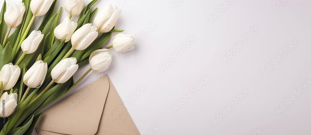 Poster a wedding invitation or love letter with white tulips displayed alongside an envelope and a fresh bo