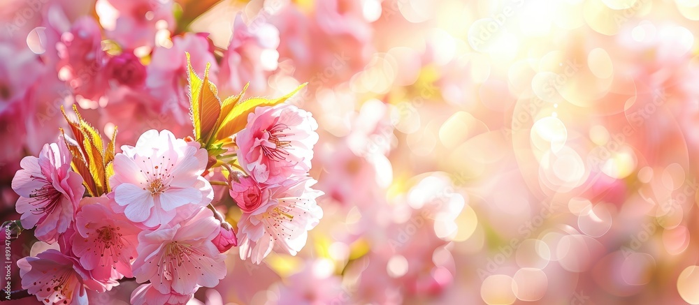 Poster spring themed horizontal banner featuring pink sakura flowers against a sunny backdrop the fresh blo