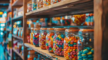Fototapeta premium Colorful candy jars on a wooden shelf in a cozy vintage candy shop with blurred background of shelves filled with various sweets and treats
