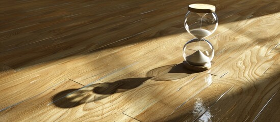 A sandglass hourglass or egg timer on a wooden surface displays a shadow indicating the final second or minute signifying time running out with available copy space image