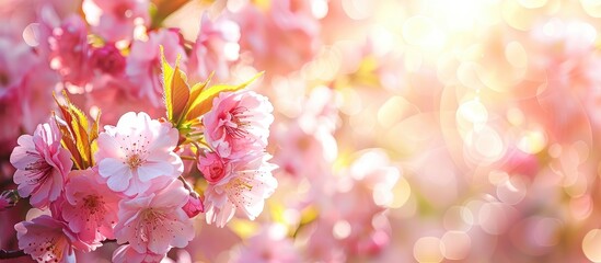Fototapeta premium Spring themed horizontal banner featuring pink sakura flowers against a sunny backdrop The fresh bloom provides a lovely nature inspired setting with a branch of blooming sakura perfect for a copy sp