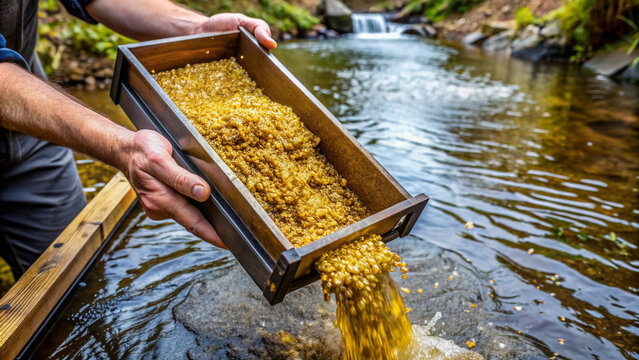 A handheld gold sluice box filled with soil and water, effectively separating heavy gold particles from sediment through gentle agitation and gravity.