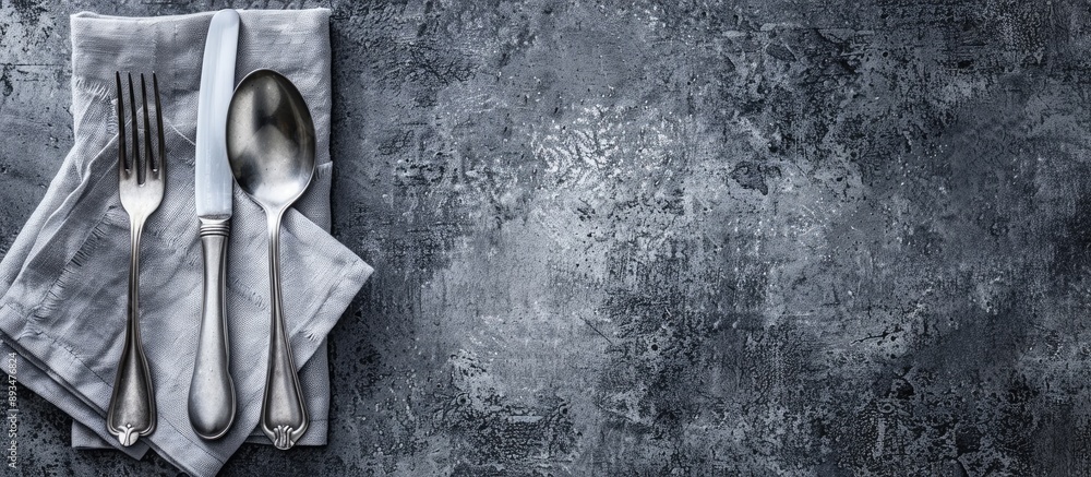 Poster Cutlery and napkin arranged on a concrete background with a copy space image
