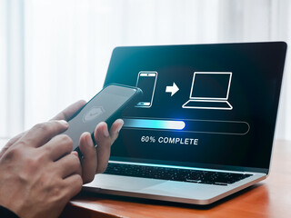 File transfer, data migration, transmission, backup files concept. Loading progress bar and...