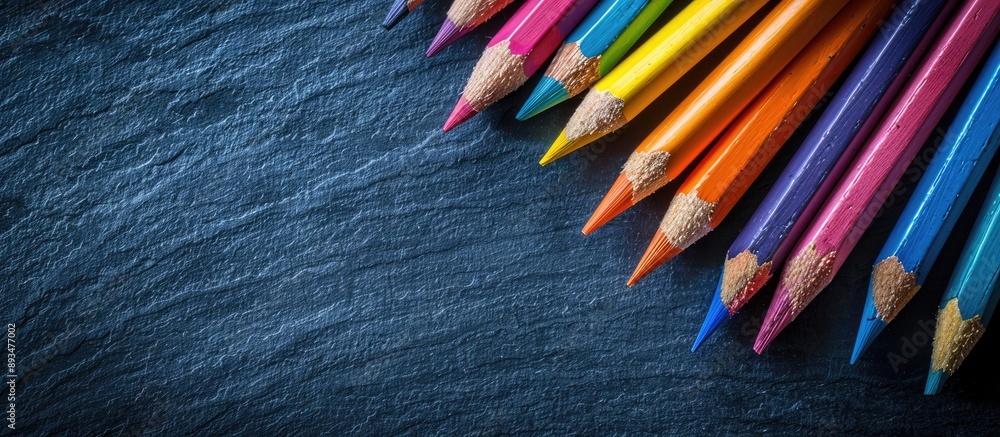 Aufkleber top view of colored pencils on a black cardboard background symbolizing education in a high quality 