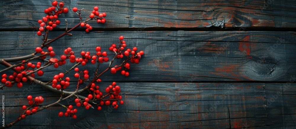 Poster close up shot of a branch with vibrant dogwood berries against a dark wooden backdrop creating a str