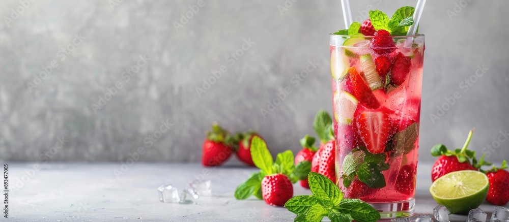 Poster berry refreshing summer drinks with straw on light gray background in tall glasses featuring lime mo