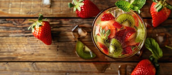 An overhead view of a refreshing strawberry and kiwi mojito in a glass on a wooden table with ample space for additional images