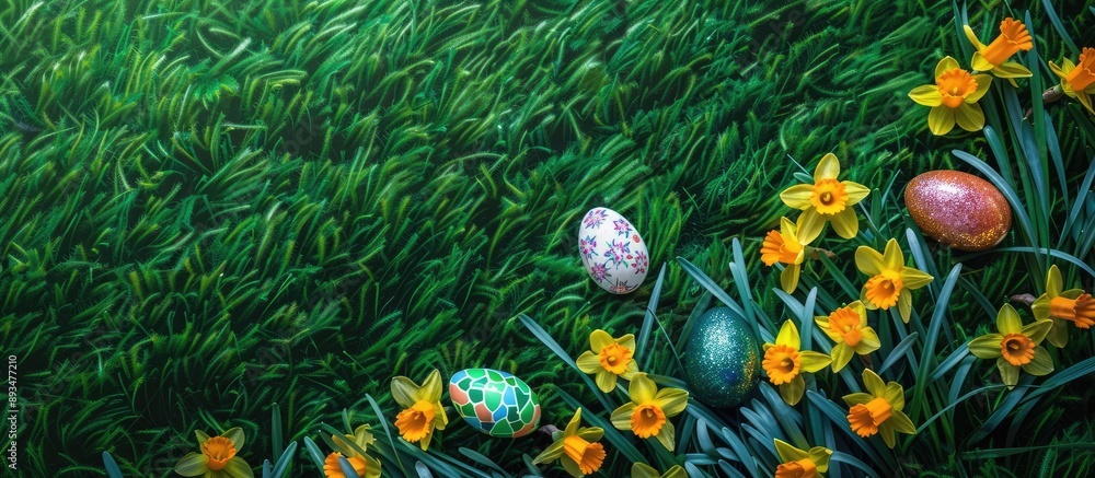 Poster green grass with daffodils and vibrant easter eggs copy space image available