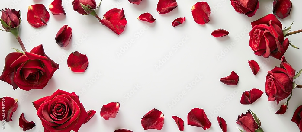 Poster top down view of lovely red roses and petals on a white backdrop with room for text in the copy spac