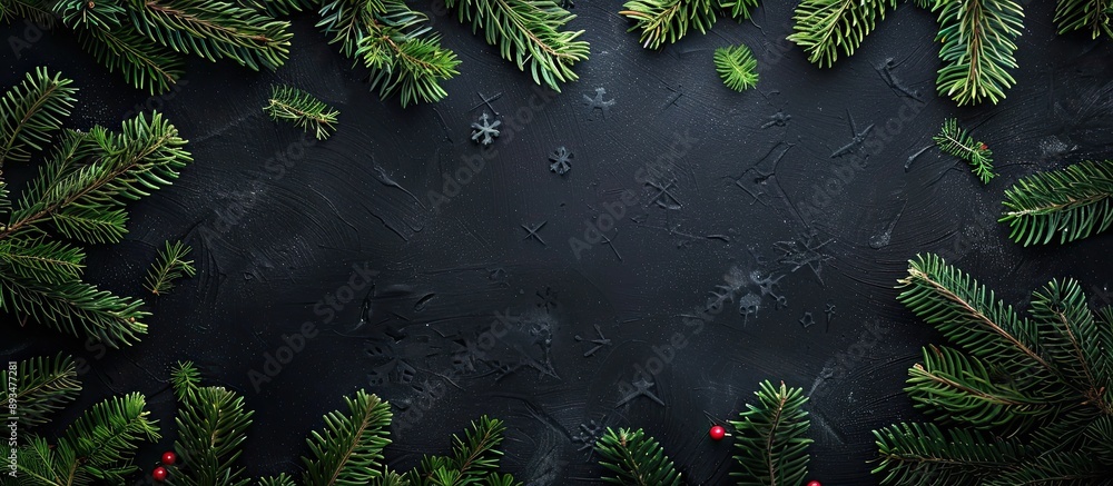 Poster fir branches form a christmas green frame on a black board background presenting a festive copy spac