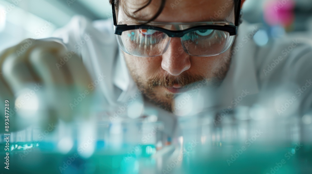 Poster a scientist wearing protective gloves is working intently in a laboratory setting, manipulating an i