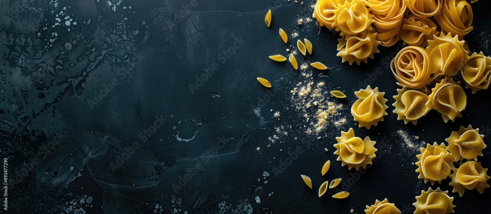 Poster a dark table showcasing dried pasta with a copy space image available