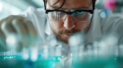 A scientist wearing protective gloves is working intently in a laboratory setting, manipulating an instrument to conduct scientific research or experiments on a shiny surface.