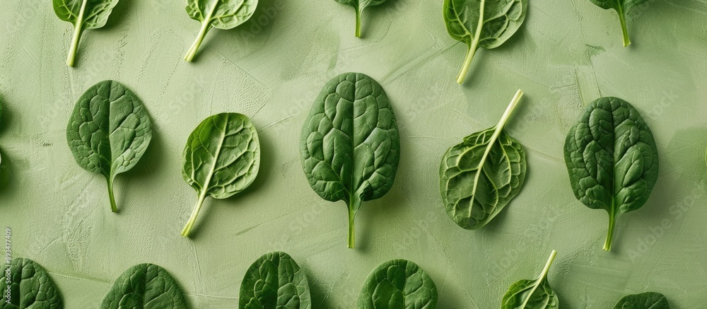 Aufkleber flat lay image with a creative pop art design featuring spinach leaves arranged in tree shapes on a 