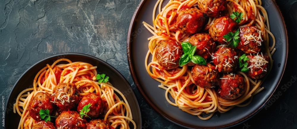 Poster Overhead view of beef meatballs with spaghetti and tomato sauce on a plate with copy space image available