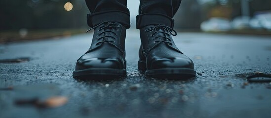 Black shoes on pavement one forward one back symbolizing time one behind represents the past the front one symbolizes the future in a copy space image