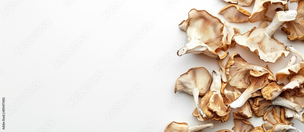 Poster Isolated dried mushrooms on a white background with space for text or graphics in the image. copy space available