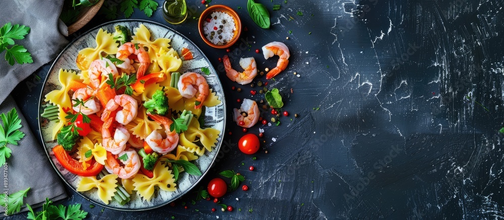 Poster plate with colorful bowtie pasta shrimp and veggies from a bird s eye view on a table with copy spac