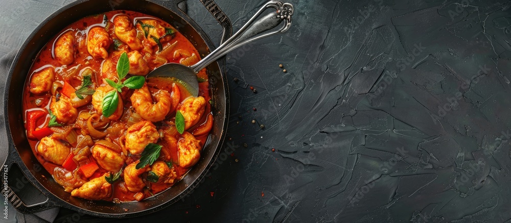 Poster Top view of a delectable chicken curry in a frying pan with a spoon set on a grey table providing ample copy space image