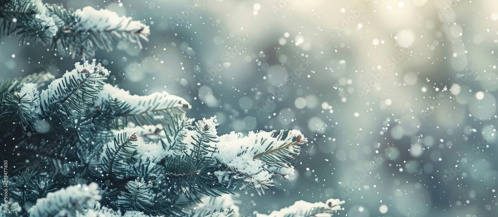 Aufkleber Snow covered fir branches in a serene winter setting with gently falling snowflakes create a calming winter backdrop with ample copy space image