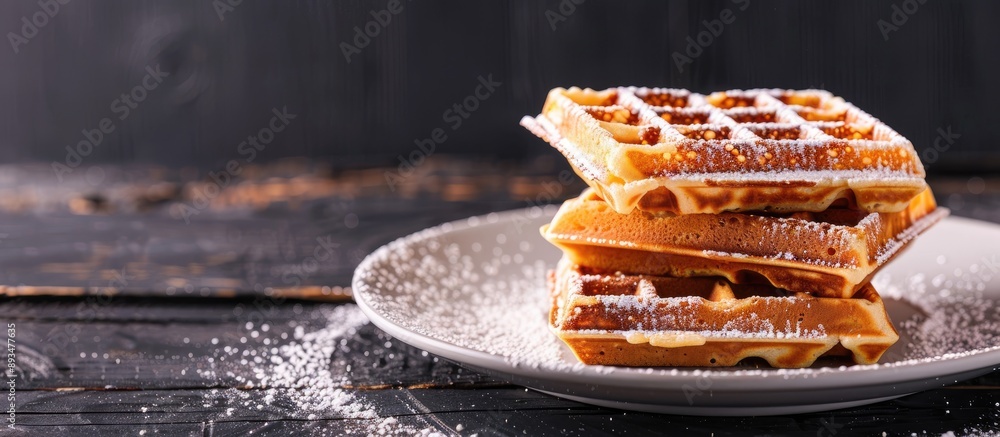 Poster belgian waffles on a white plate sprinkled with powdered sugar on a black background presented in a 