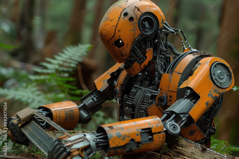 Poster the robot is kneeling down and appears focused on its task, with the chainsaw positioned against the