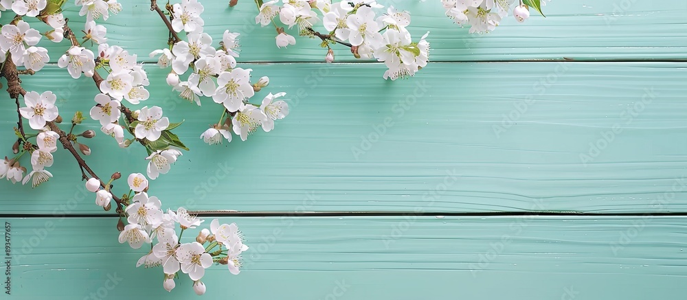 Aufkleber Overhead view of a white cherry blossom tree in spring against a soft mint wooden backdrop with copy space image