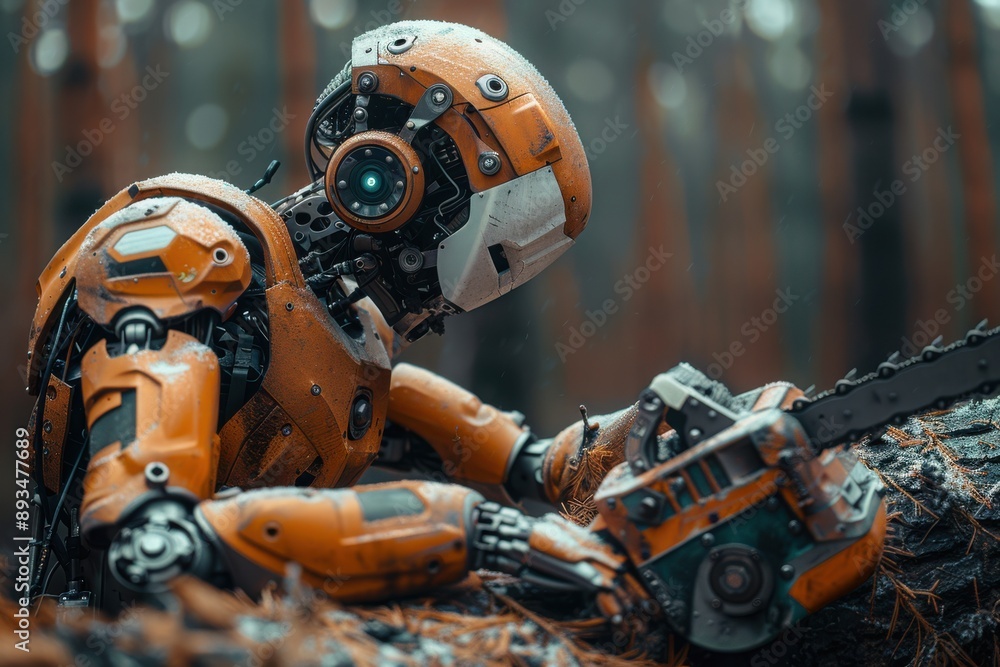 Poster humanoid robot using a chainsaw to cut down a tree in a forest. the robot has an orange and black de