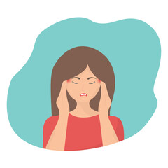 The woman has a headache. Painful migraine. A girl with closed eyes touches her temples. Isolated vector illustration on blue background.