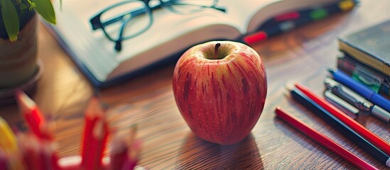 A setup with an apple school items and eyeglasses atop a classroom table creating a studious theme with copy space image available