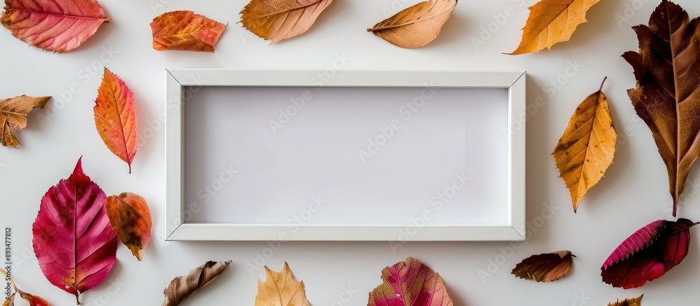Poster white photo frame with autumn dried leaves on an autumn background creates a flat lay top view ideal