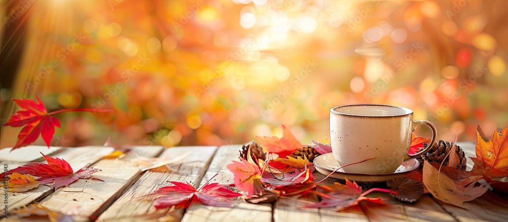 Poster Autumn maple leaves beside a cup with a cozy background ideal for adding text aka copy space image