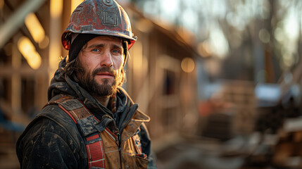 dedicated construction worker on site wearing safety gear, focused and hardworking professional, working at a construction site during sunset