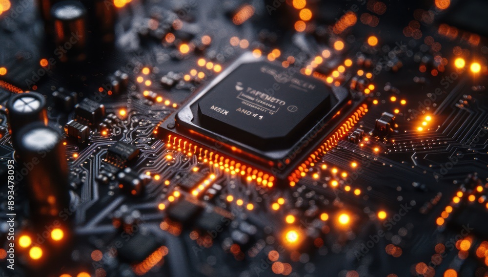 Poster close-up of a glowing microchip on a circuit board