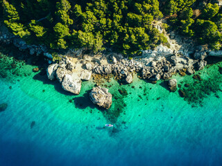 Aerial view of the pristine coastline of Mimice, Croatia, featuring turquoise waters, rocky shoreline, and lush greenery.