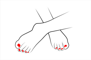 Crossed woman feet with red nails line drawing isolated on white background - vector illustration
