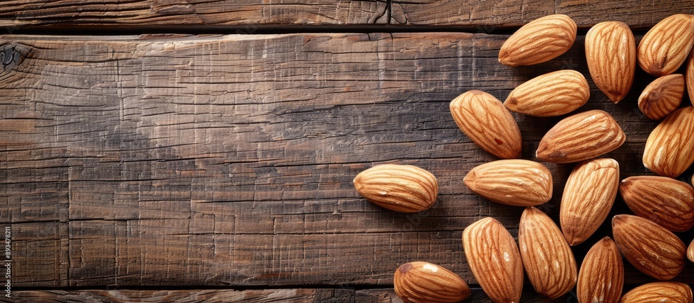 Aufkleber almonds arranged appetizingly on a wooden table with copy space image