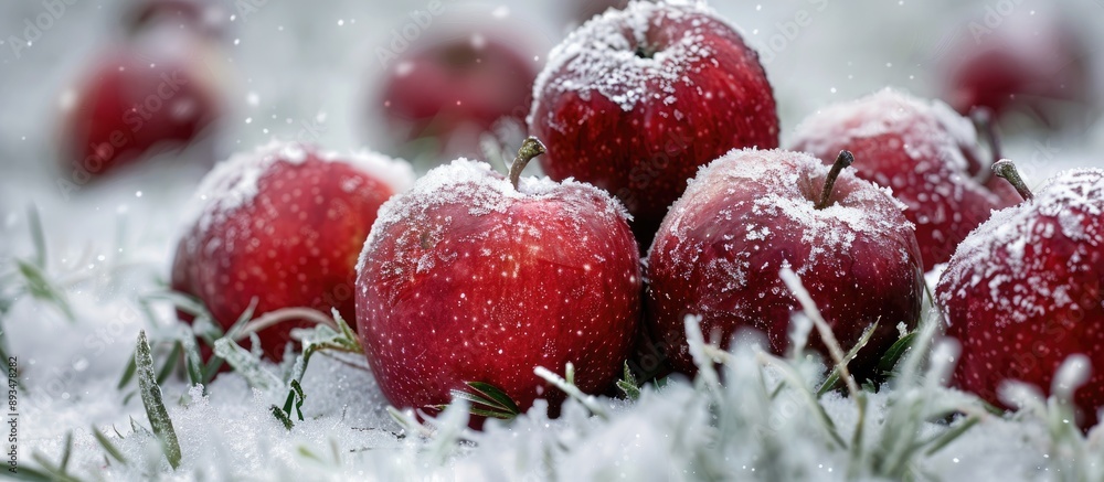 Aufkleber Fresh red apples harvested in the first snow set against a backdrop of white frost covered grass create a wintry holiday themed copy space image