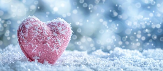 Fototapeta premium Valentine s Day love concept depicted with a pink heart framing a snowy backdrop in a copy space image