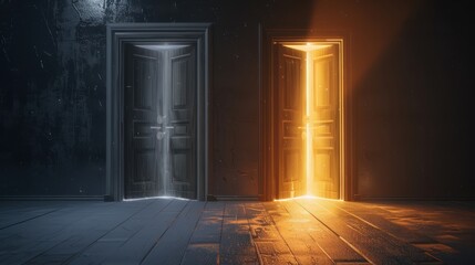 An image of two doors glowing with light, the other shrouded in darkness, symbolizing the decision points in business operations. 