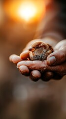 Fototapeta premium A small sparrow rests peacefully in the cupped hands of a person, a golden sunset casting a warm glow over the scene. The image evokes a sense of care, tenderness, and connection with nature
