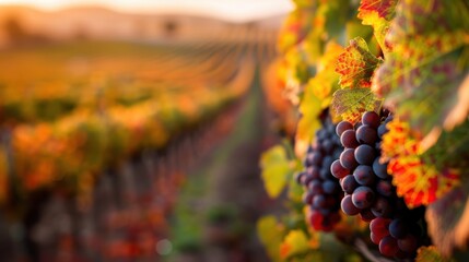 Red grapes ripen in lush bunches on vines, set against a vibrant autumn vineyard, illuminated by the warm glow of sunset, exemplifying the fullness of the harvest season.