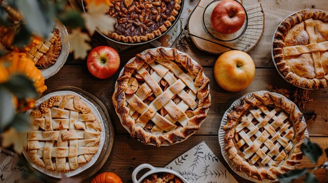 Beautifully baked pies and fall decorations closeup image. Festive atmosphere. Overhead thanksgiving desserts close up photography. Traditional homemade food concept photo realistic